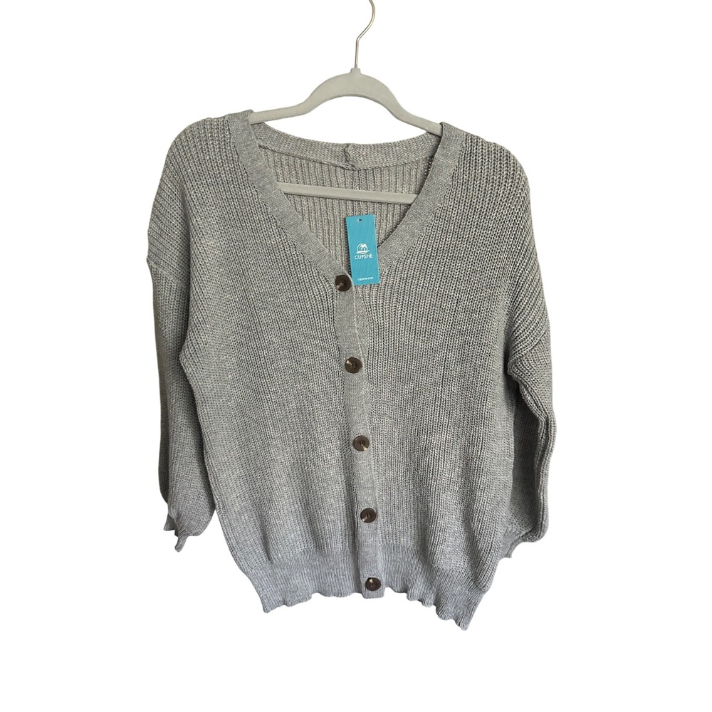 Cupshe Womens Grey Knit Button Down V-Neck Cardigan Sweater